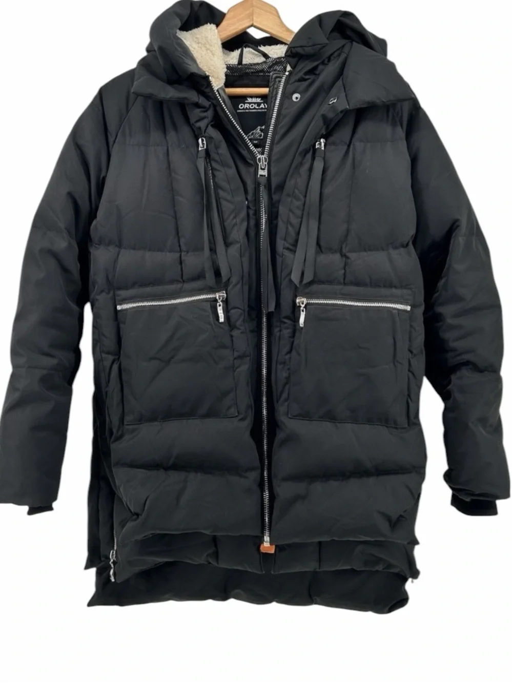 Orolay Hooded Down Jacket With Pockets Sherpa Lined Side Zip Size L